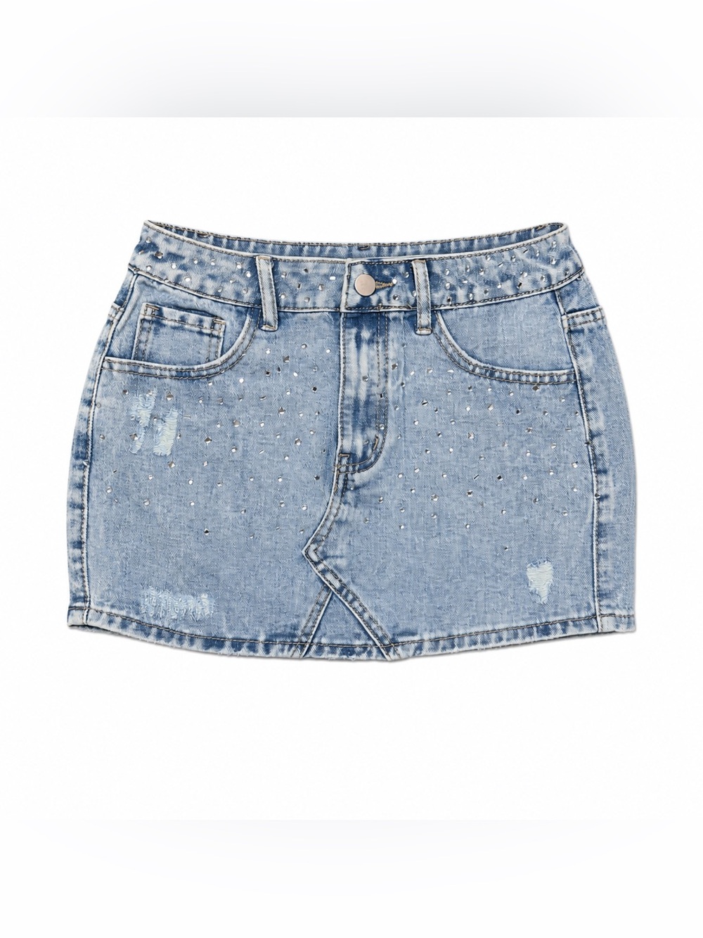 Rhinestone Distressed Denim Mini Skirt – Women’s XS | Light Wash